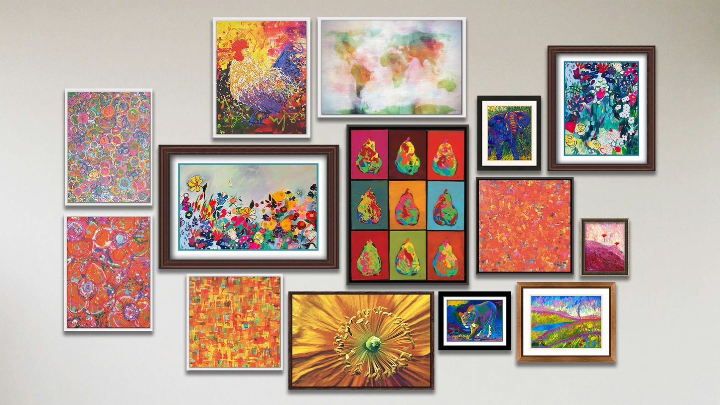 A collage of art in the luxury Garden Floral V package, including five matted and framed paintings of a colorful elephant, a colorful lion, two stylish contemporary garden scenes, and a vibrant abstracted meadow landscape; seven float framed paintings of a rooster, a world map, pears in a grid, and four abstract patterns inspired by geometry and flowers; a float framed photograph of an orange flower closeup; and a framed painting of an abstracted flower field landscape in pink.