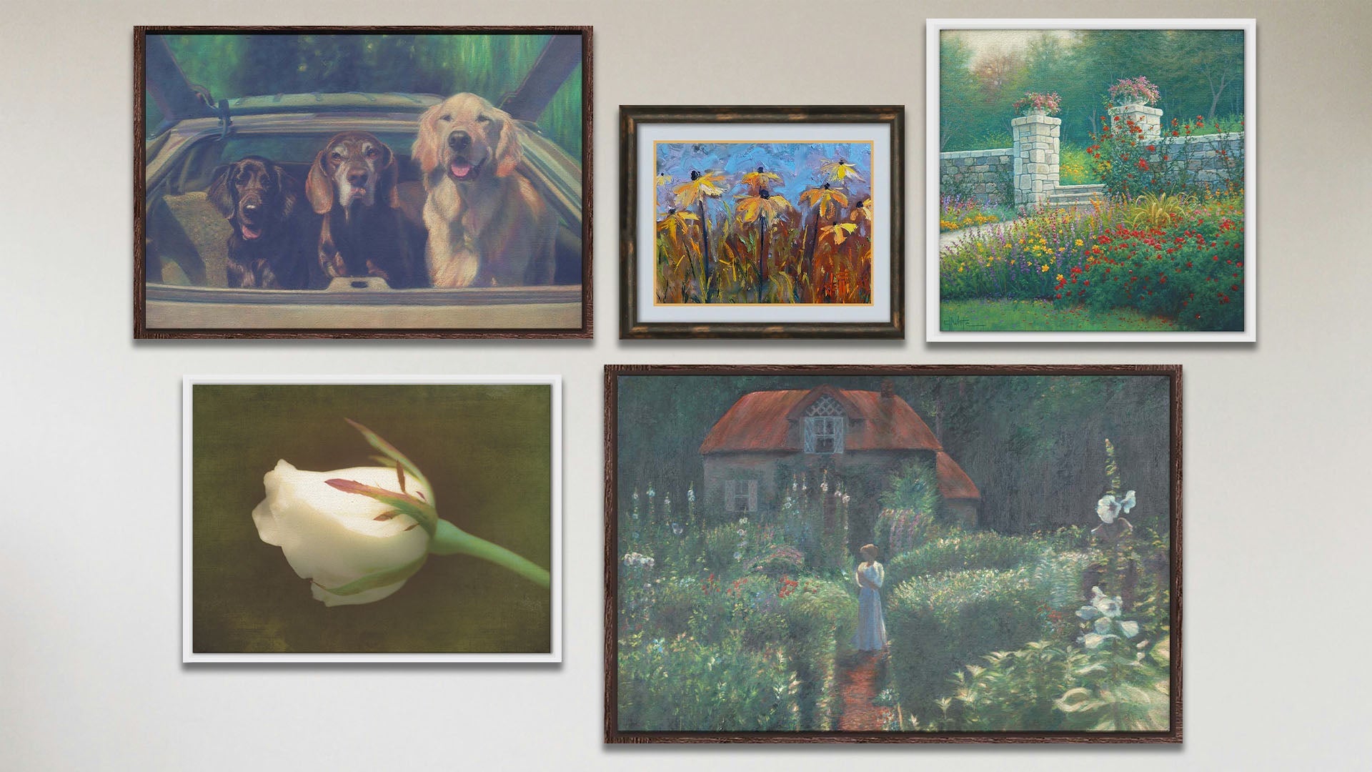 A collage of art in the luxury Green Dream package, including three float framed paintings of a walled garden, three dogs riding in a car, and a cottage surrounded by a garden; a float framed photograph of a white rose; and a matted and framed painting of coneflowers.