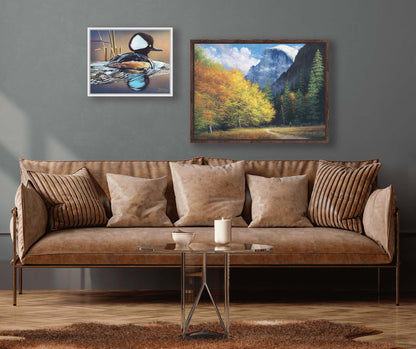 Two paintings hanging on a living room wall. The first is a painting of a hooded merganser duck, floating on the water with its reflection rippling below. Printed on canvas in a float frame. The second is a painting of Yosemite National Park, with the iconic Half Dome batholith surrounded by wispy clouds. The fall foliage lines the trail to the summit. Printed on canvas in a float frame.