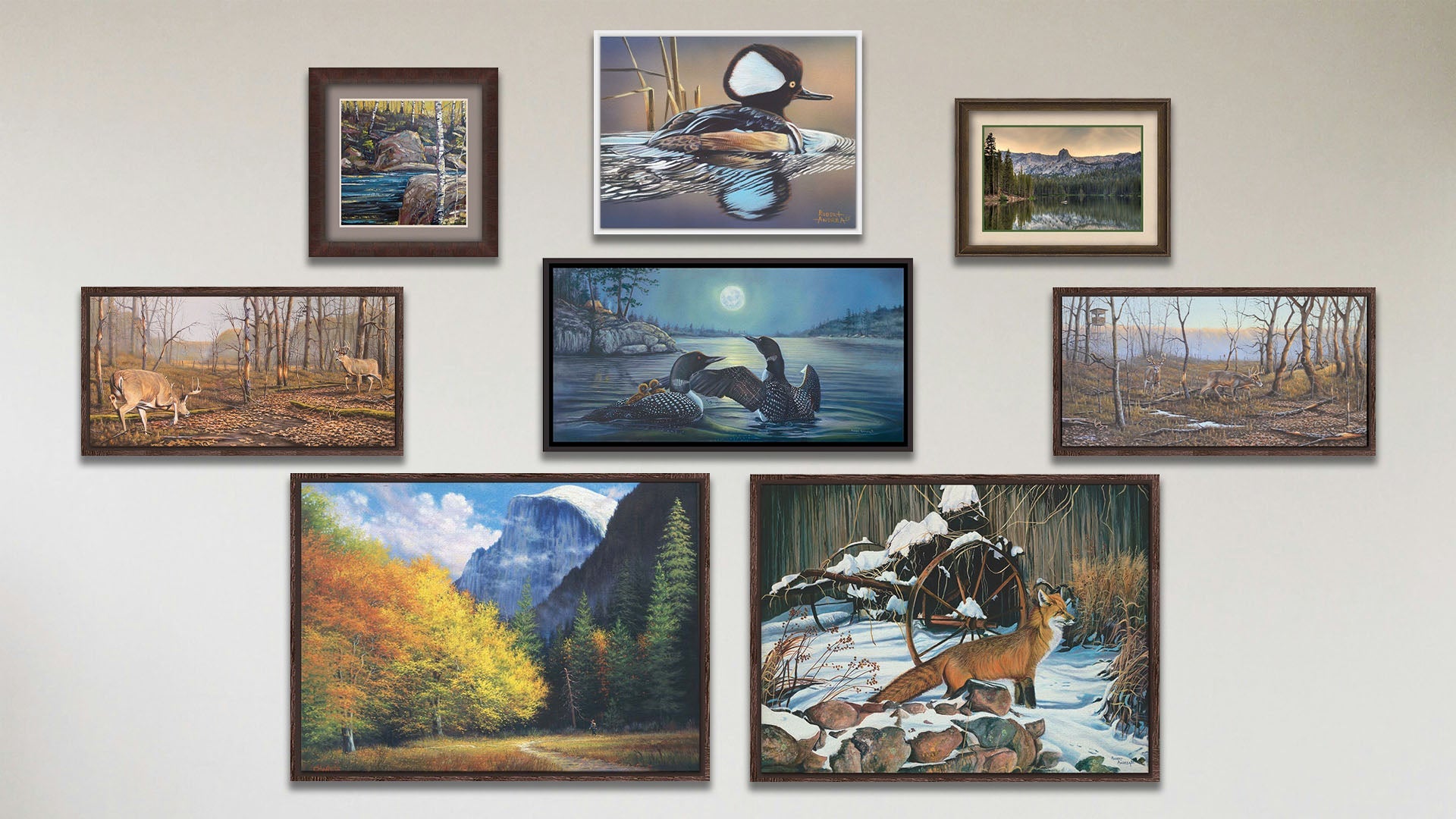 A collage of art in the luxury Hiking to Half Dome package, including seven float framed paintings of a hooded merganser duck, a family of loons swimming on a moonlit lake, a red fox standing on alert in the snow, a wooded trail at the Half Dome batholith at Yosemite National Park in California, a fight between two deer bucks, and deer trekking through wintery woods; a matted and framed painting of a stream through a birch forest; and a matted and framed photo of Lake Mamie in California.