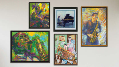 A collage of art in the luxury jazz package, including four float framed paintings of Charlie Parker, Count Basie, a man playing saxophone, and a child practicing tuba; and a matted and framed painting of a person playing piano.