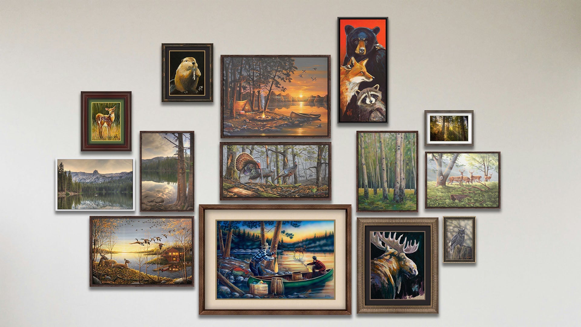 A collage of art in the luxury Lucky Break package, including six float framed paintings of deer in a forest, turkeys in the woods, a birch forest, a lake camp at sunset, a lake cabin at sunset, and a bear, fox, and raccoon; two float framed photos of Mamie Lake; four matted and framed paintings of a deer, a beaver, a moose, and canoers at sunset; a matted and framed photo of Burney Forest in California; and a framed painting of an owl.