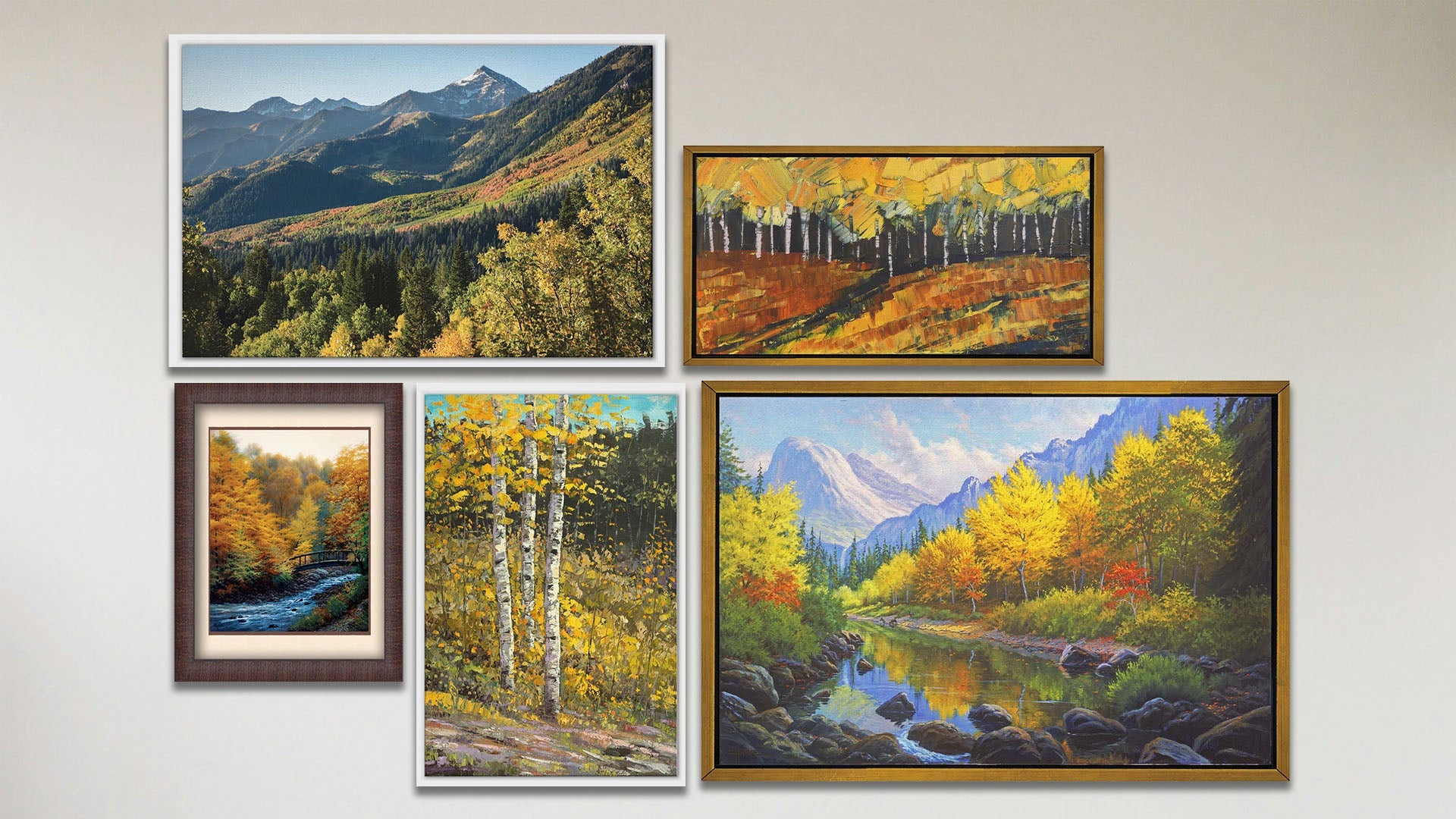 A collage of art in the luxury Mountain Stream package, including three float framed paintings of a birch forest, an aspen copse, and a stream through a mountain forest in fall; a float framed photo of Sundance ski resort in fall; and a matted and framed painting of a stream running through an autumn forest.