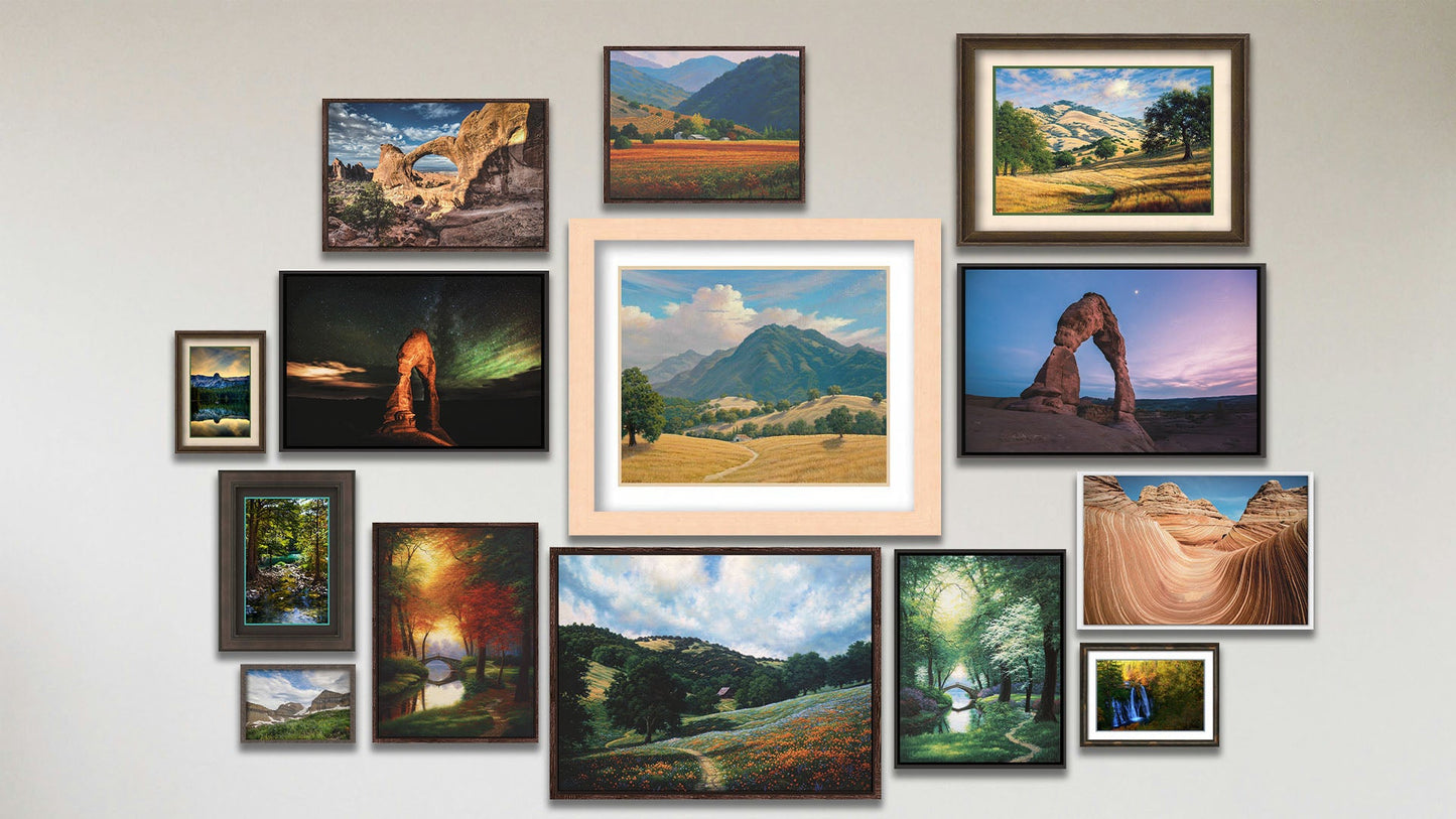 A collage of art in the luxury Mt Diablo package, including three float framed photos of Arches National Park UT arches; a float framed photo of The Wave sandstone; four float framed paintings of vineyards in Oakville, CA, a meadow in spring, and a park path in spring and fall; three matted and framed photos of Lake Mamie, Burney Falls, and Guadalupe River, TX; a matted and framed painting of Mount Diablo; and a framed photo of Mt Timpanogos in summer.