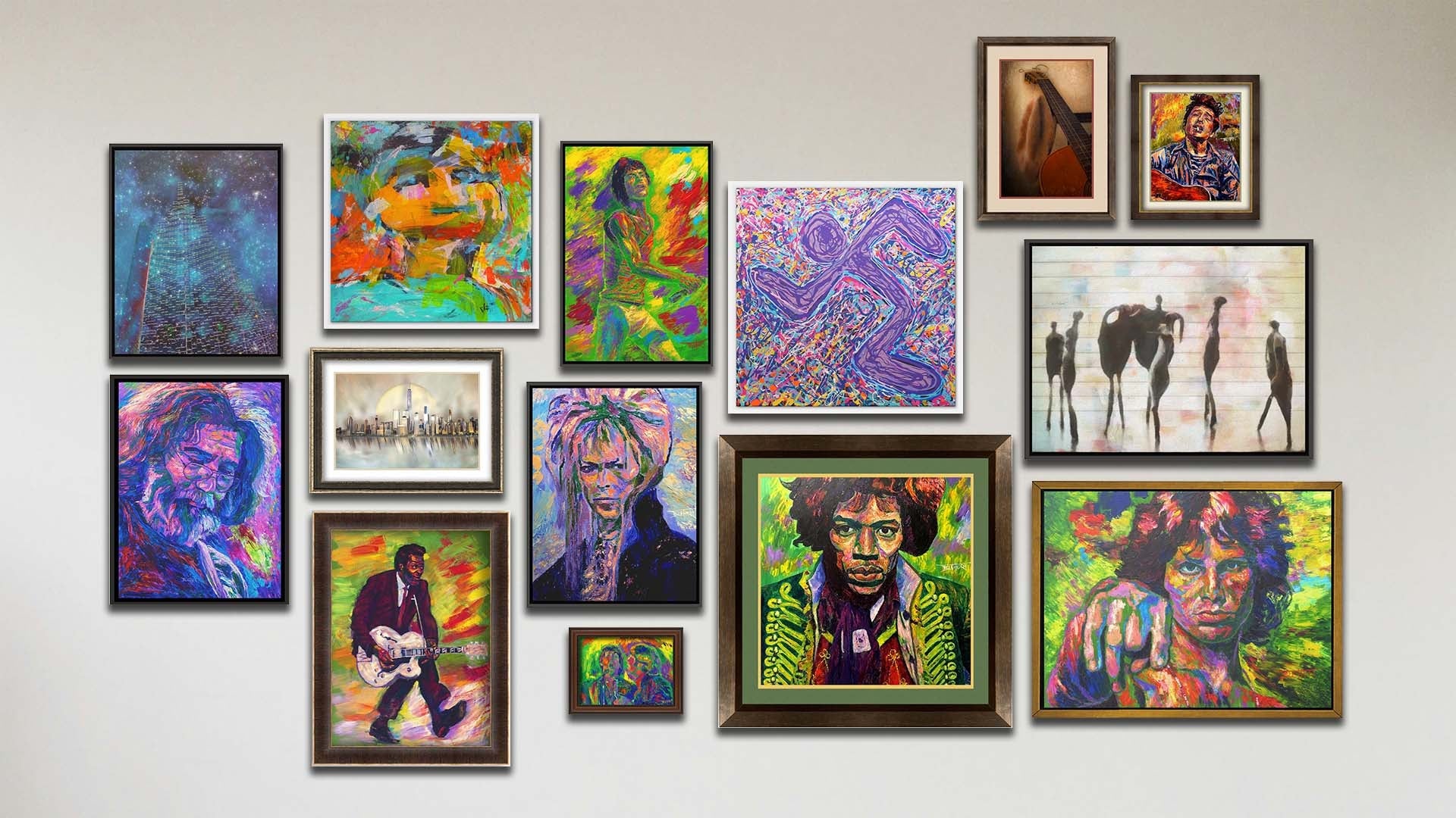 A collage of art in the luxury music package, including six float framed paintings of Jerry Garcia, David Bowie, Mick Jagger, Jim Morrison, a contemporary running figure, and a contemporary portrait; two float framed photographs of a dreamy skyscraper in the night sky and dancing figures; two matted and framed photos of a city skyline and a guitar; two matted and framed paintings of Jimi Hendrix and Bob Dylan; and two framed paintings of Chuck Berry and John Lennon with Paul McCartney.