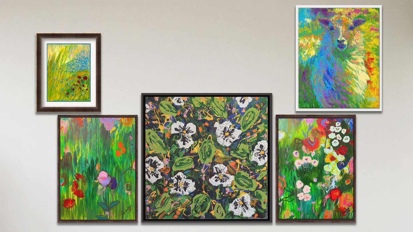 A collage of art in the luxury Pansy Dance package, including a matted and framed painting of an abstracted pond, a float framed painting of a colorful sheep, a float framed contemporary painting of a pansy garden, and a set of two float framed paintings of contemporary flower gardens.