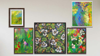 A collage of art in the luxury Pansy Dance package, including a matted and framed painting of an abstracted pond, a float framed painting of a colorful sheep, a float framed contemporary painting of a pansy garden, and a set of two float framed paintings of contemporary flower gardens.