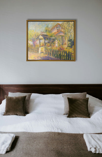 A typical bedroom with light walls and a cozy brown bed. A float framed painting of a garden store hangs on the wall.