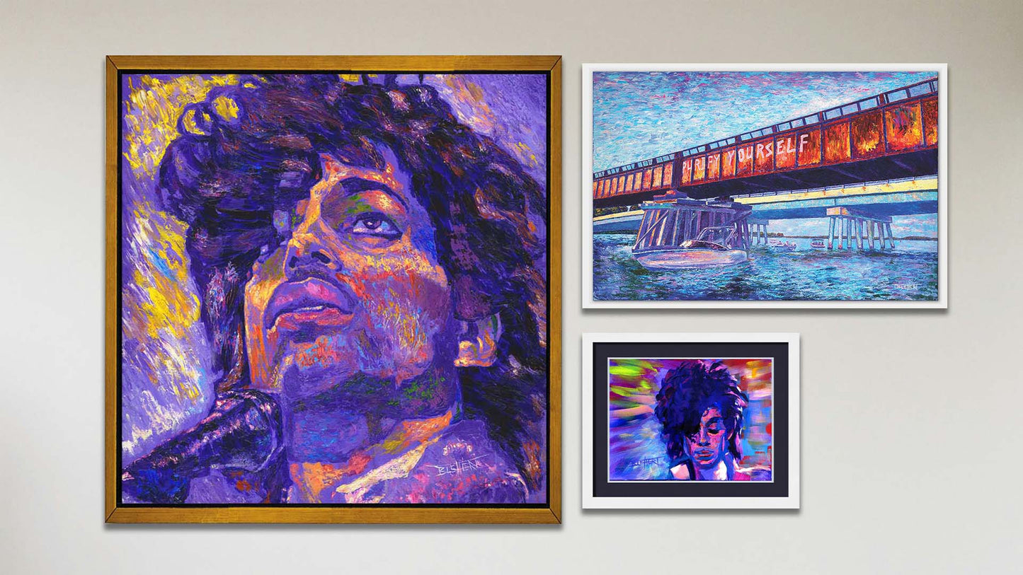 A collage of art in the luxury Prince package, including a matted and framed painting of Prince, a float framed painting of Prince, and a float framed painting of a Minnesota bridge with "Purify Yourself" graffiti referencing the 1984 "Purple Rain" Prince movie.