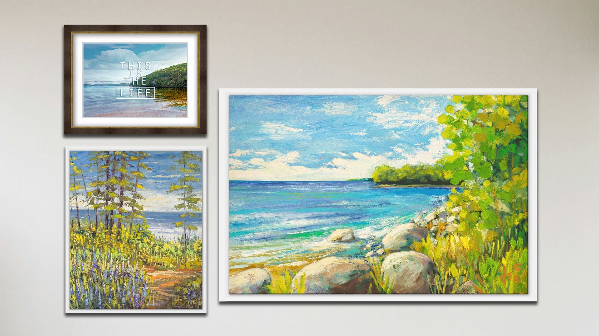 A collage of art in the luxury Tranquil Harbor package, including a float framed painting of a bay from the shoreline, a float framed painting of the sea from a copse with lupine plants, and a matted and framed photograph of a bay overlaid with the text "This is the life."