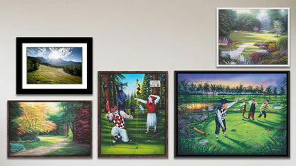 A collage of art in the luxury Quiet on the Green package, including a float framed painting of golfers being interrupted by bears, a float framed painting of golfers being interrupted by alligators, two float framed paintings of garden paths, and a matted and framed photo of Mount Timpanogos.