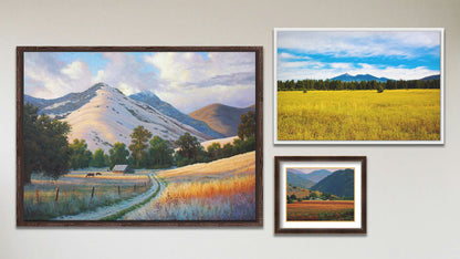 A collage of art in the luxury Santa Ynez Summer package, including a matted and framed painting of the Oakville, California vineyards, a float framed photograph of a field with San Francisco Mountain in the distance, and a float framed painting of Santa Ynez Valley, CA.