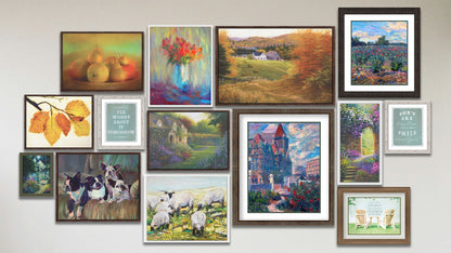 A collage of art in the luxury St. Paul in the Spring package, including a framed canvas painting of a home and garden; two matted and framed paintings of St. Paul, Minnesota and a rose field at Lake Harriet; two matted and framed inspirational word art designs; a matted and framed photo of two lawn chairs overlaid with a quote; and eight float framed paintings of fruit, dogs in a chair, grazing sheep, a flower vase, leaves, a farm, and two gardens.