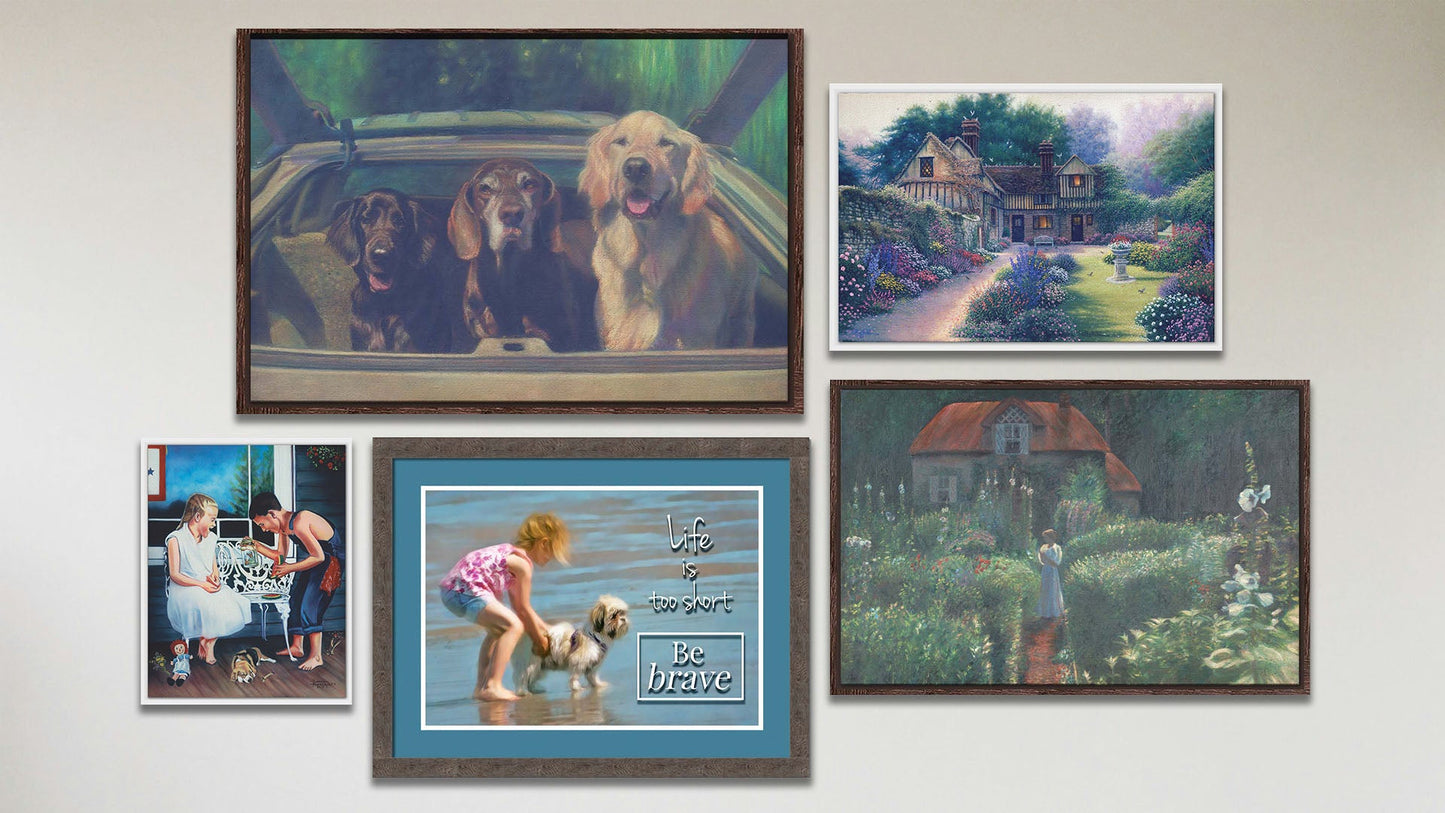 A collage of art in the luxury Summer Days package, including a float framed painting of a little house surrounded by a garden, a float framed painting of a large courtyard garden, a float framed painting of three dogs riding in the back of a car, a float framed painting of two children looking at bugs on a porch, and a matted and framed photo of a child and dog on the beach overlaid with the phrase "Life is too short, be brave."