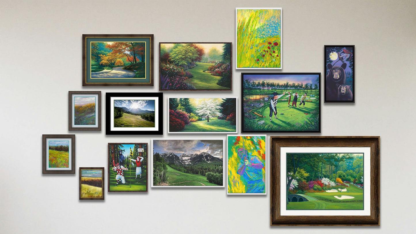 A collage of art in the luxury 12th Hole at Augusta package, including seven float framed paintings of golfers being interrupted by bears, bears at night, Arnold Palmer, a garden path, golfers being interrupted by alligators, a pond, and a garden clearing; a float framed photo of Mount Timpanogos; four matted and framed paintings of Augusta National golf course, a road through a forest, and two meadow landscapes; a matted and framed photo of Mount Timpanogos; and a framed painting of a meadow landscape.