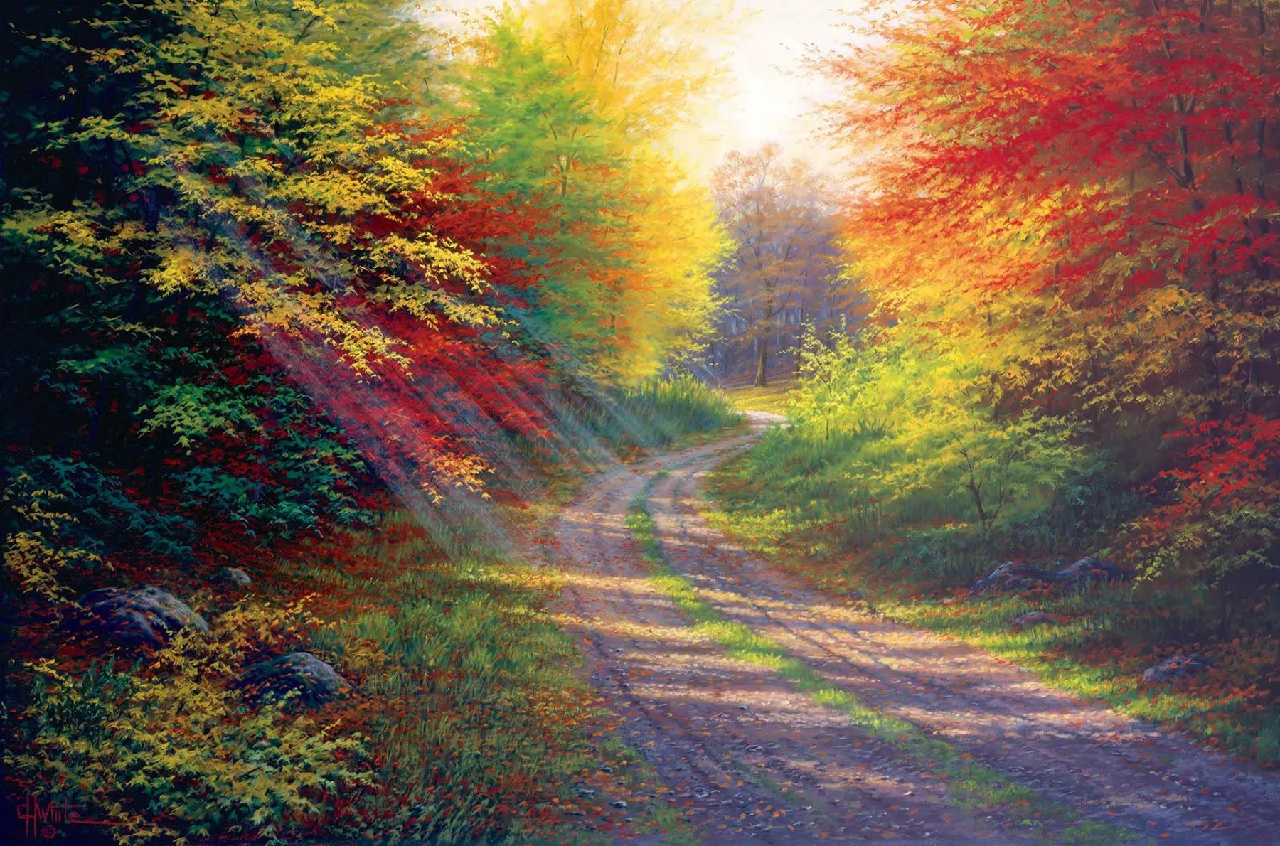 A landscape painting of a gravel road winding thorugh an autumn forest with a mix of vibrant red, yellow, and green leaves.